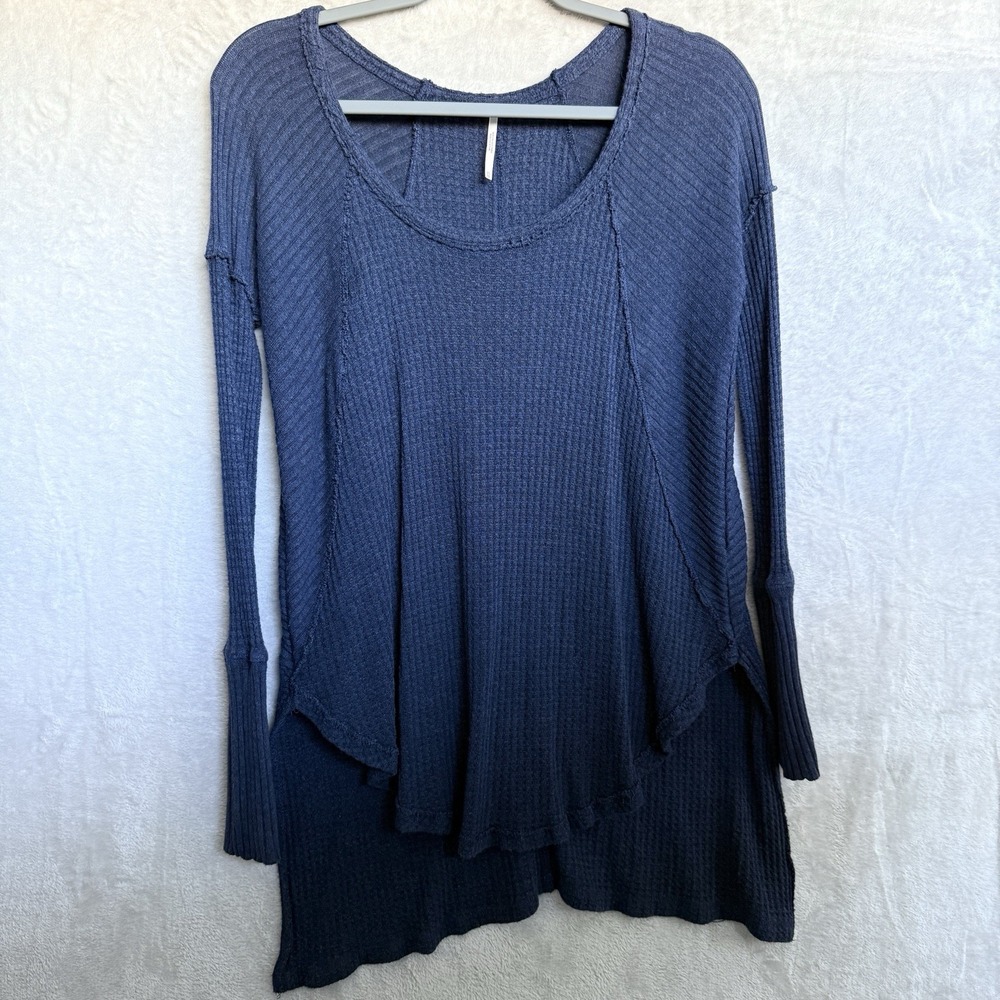 Free People Waffle Tunic Top Size XS‎ Boho Blue Beachy Oversized Long Sleeve